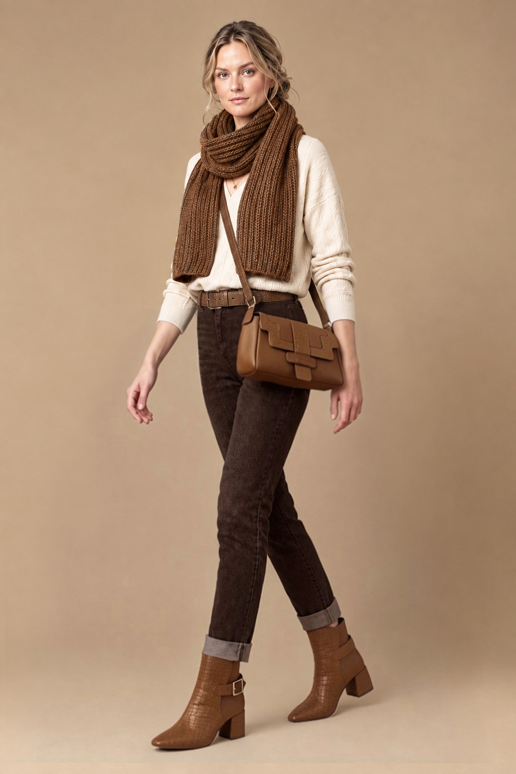 Dress ankle boots back buckles in caramel brown leather with medium block heels and square toe - Top view